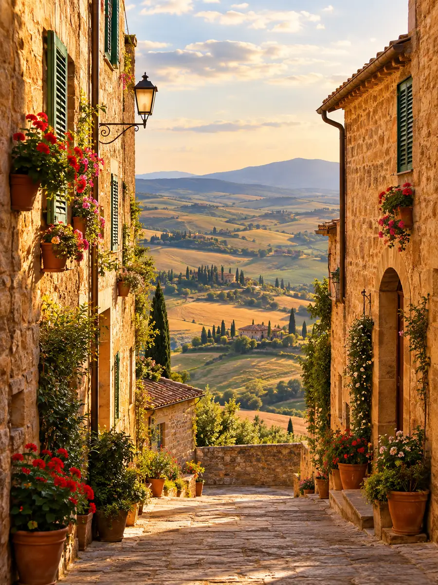 Eine sonnige Steingasse in Pienza, die sich zu den Hügeln des Val d'Orcia öffnet